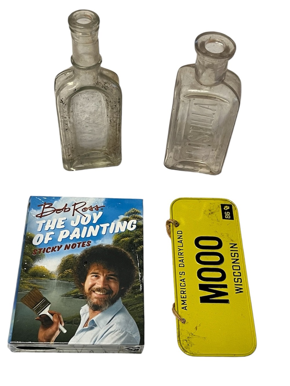 Glass bottles, Bob Ross notes, Wisconsin plate lot